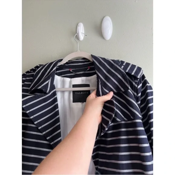 Talbots Blue White Striped Belted Trench Coat Jacket Lined Cotton - Large - Picture 10 of 10
